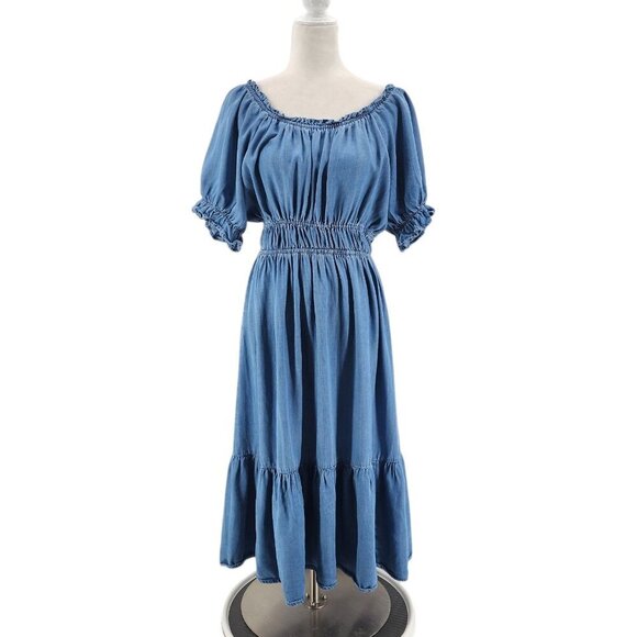 Nanette Lepore Cassidy Midi Dress Off The Shoulder Blue Puff Sleeve Dress Small - Picture 1 of 10